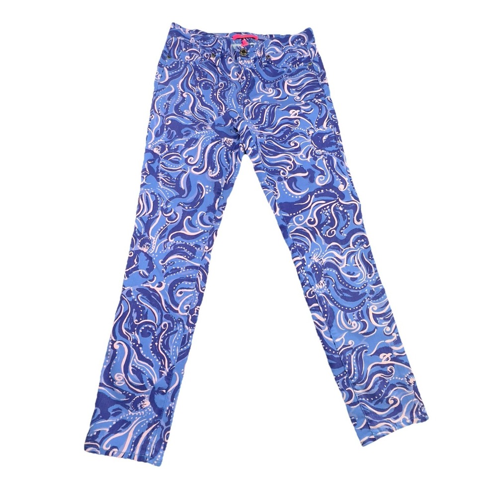 Lilly Pulitzer Skinny Jeans Women 6 Blue‎ Pink Octopus Print Mid Rise